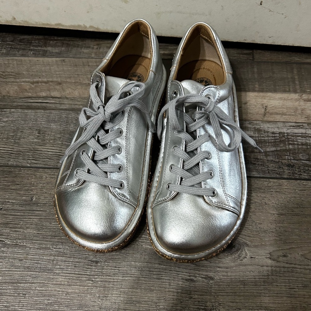 Birkenstock Lace Up Metallic Silver Sam Diego cork Sneakers - Picture 7 of 9